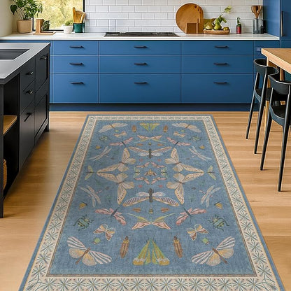Washable 4x6 Small Rug for Living Room, Area Rug for Kitchen, Bedside, Large Entryway Indoor - Stain Resistant Non Slip with Rubber Backing, Insect Print Aethestic Décor, Light Blue & Aqua
