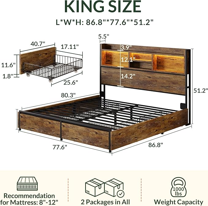 LARMACE King Size Bed Frame with 6 Storage Drawers and Headboard Wooden Platform Bed Frame with LED Lights and Charging Station Easy Assembly/No Box Spring Needed/Vintage Brown