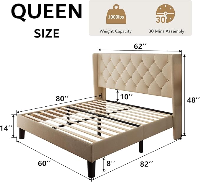 iPormis Queen Platform Bed Frame with Button Tufted Headboard, Upholstered Bed Frame with Solid Wooden Slats, 8" Under-Bed Space, No Box Spring Needed, Easy Assembly, Noise Free, Beige