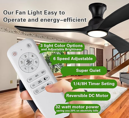 Gaizw Black Ceiing Fans with lights and Remote Control, 52 Inch Modern Wooden