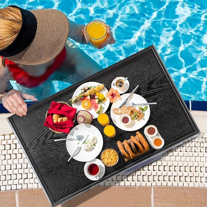 28 x 18 Inches Extra Large Solid Wood Serving Tray for Tea Coffee Table Snack Food Meals Serving Plate Kitchen Party Bar Breakfast Server with Raised Edges Black Wooden Decorative Ottoman Tray