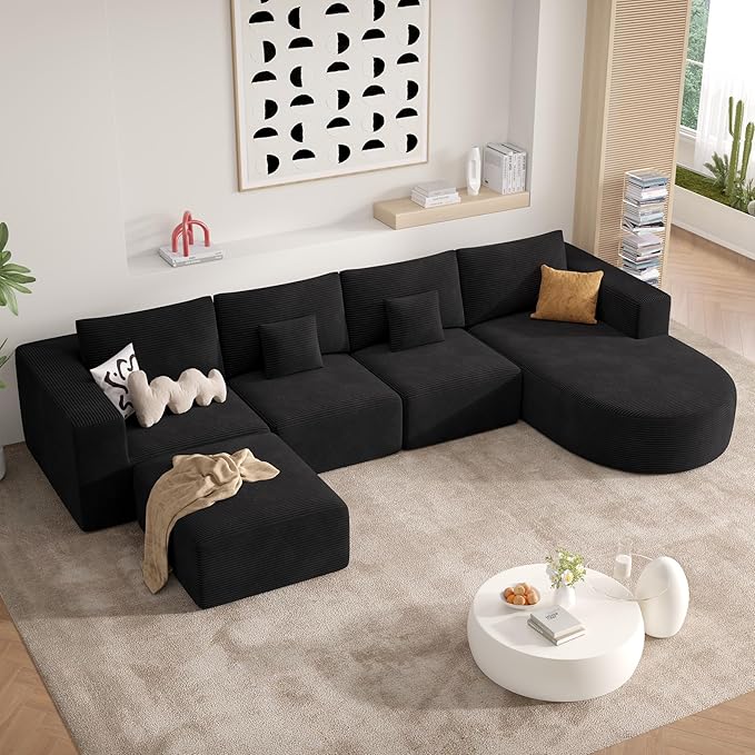 134" Boneless Couches for Living Room,Big Modular Sectional Sofa with Ottoman,Cloud Couch in a Box,Sponge Compression U Shaped Sofas with Chaise No Assembly Required,Black,1pcs