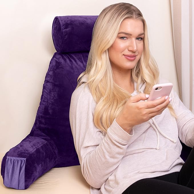 Husband Pillow Medium Purple, Backrest for Kids, Teens, Petite Adults - Reading Pillows with Arms, Adjustable Loft, Plush Memory Foam, Bed Rest Chair for Sitting Up, Detach Neck Roll, Removable Cover