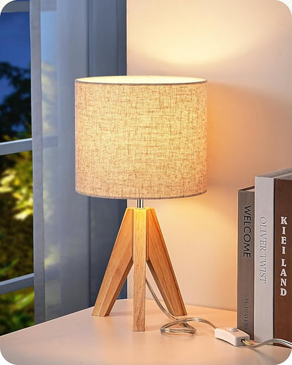 EDISHINE Small Table Lamp, Boho Bedside Lamp with Linen Fabric Shade, Wood Tripod Nightstand Lamp for Nursery, Living Room, Bedroom, Narrow End Table, UL Listed, 14.2 Inch, ON/Off Switch