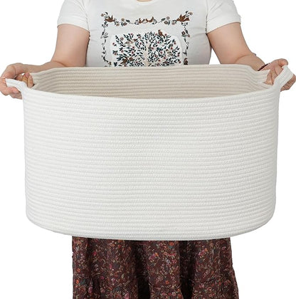 Large Rectangle Blankets Basket Living Room 22"x17"x12" Woven Cotton Rope Storage Baskets for Nursery Toy Baskets for Kids and Dogs Wicker Laundry Basket Bin for Clothes Towels white
