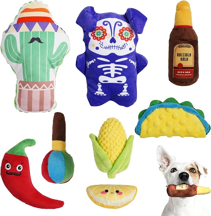 Nocciola Mexican Style Squeaky Dog Toys, Cute Soft Plush Stuffed Crinkle Chew Puppy Toys for Small Medium Breed, 8 Packs