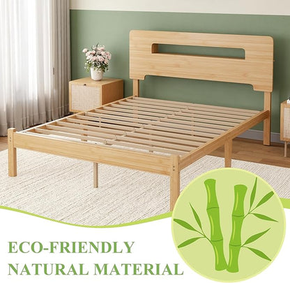 ZIYOO Solid Bamboo Wood Full Size Bed Frame with Storage Headboard, 14 inch Platform Bed Frame Full No Box Spring Needed with Steel Slats, Sturdy and Stable, Easy Assembly, Noise Free