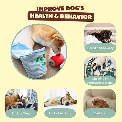 Squeaky Dog Toy, Interactive Plush Hide & Seek Puzzle Toys for Small Medium Large Dogs – Treat Dispenser 4-in-1 Durable Chew Toy, Dog Birthday for Dog Gifts (Trash Can)