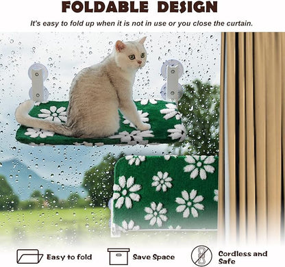 Cat Window Perch, Foldable Cat Window Hammock with Cute 3D Textured Flower Cover and Strong Suction Cups, Cordless Window Seat Bed for Indoor Cats (Green Flower, Large)