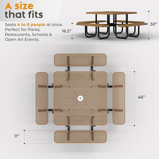Metal Picnic Tables for Outdoors with Umbrella Hole - Coated Steel Heavy Duty Commercial Grade Furniture with Adjustable Seats (Brown, 46 in, Square, Expanded Steel)