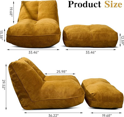 Cvortll Bean Bag Chair with Ottoman, Comfy Bean Bag Sofa with Memory Foam, Lazy BeanBag Sofa with Footstool, Fireside Bean Bag Couch for Living Room, Bedroom, Apartment (Yellow)
