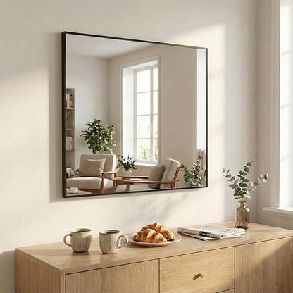 30''x30'' Square Black Bathroom Mirror, Matte Metal Framed Wall Mirror
