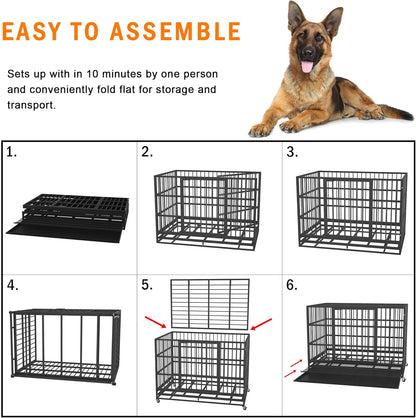 54/48/42/38 Inch Heavy Duty Dog Crate Cage with Wheels, Indestructible and Escape Proof Steel Kennel Indoor for High Anxiety Dogs with Sturdy Locks, Double Door and Tray, Extra Large XL XXL