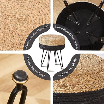 Wimarsbon Ottoman Pouf Handmade Natural Water Hyacinth,Round Footrest with 4 Metal Legs,Vanity Stool for Bedroom,Hallway,Living Room (Natural Water Hyacinth+Black Corn Husk)