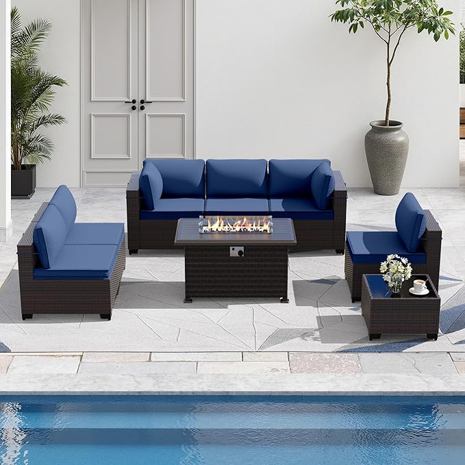 Gotland 8 Pieces Patio Furniture Set with Fire Pit Table, All Weather Rattan Outdoor Furniture with 29.5'' High Backrest 4’’ Thick Cushions Coffee Table, Outdoor Sectional for Porch, Deck, Navy