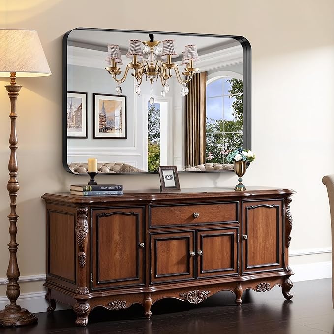 CIRCUMI Black Bathroom Mirror, Rounded Corner, Tempered Glass, Large Mirror