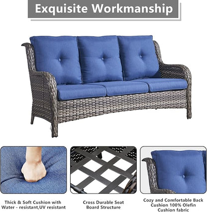 Rilyson Wicker Patio Furniture Set - 7 Piece Rattan Outdoor Sectional Conversation Sets with 1 Sofa,4 Armrest Chairs and 2 Ottomans for Porch Deck Garden(Mixed Grey/Blue)
