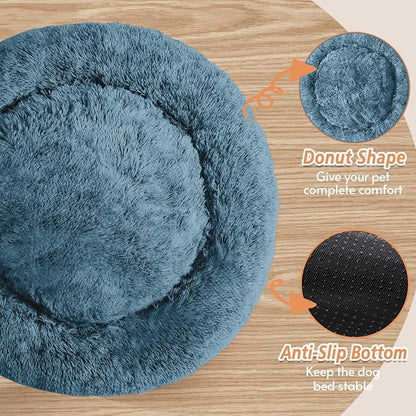 JOLLYVOGUE Calming Small Dog & Cat Bed for Indoor Cats - 20 inches Washable Donut Bed for Kittens & Puppies, Anti-Anxiety Round Fluffy Plush Pet Beds (Fits up to 15 lbs, Blue)