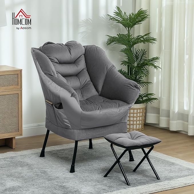 HOMCOM Modern Lazy Chair with Ottoman, Fabric Lounge Accent Chair, Leisure Sofa Armchair with Armrests, Side Pockets, Upholstered Reading Chair and Footstool Set for Living Room, Bedroom, Gray