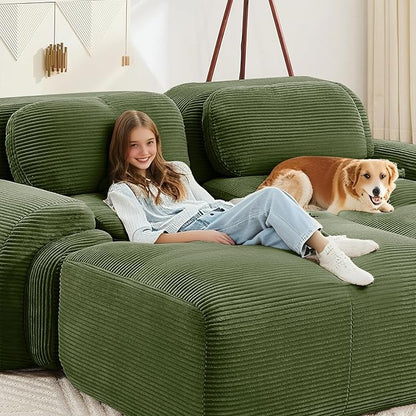 152" Modern Corduroy Cloud Sofa, Boneless Modular Large Sectional Couches for Living Room, Green 4 Seater Compressed Memory Foam Couch, Extra Deep Seat, No Assembly