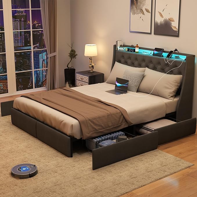 SADENICEL Full Size Bed Frame with Storage Headboard and 4 Drawer, Metal Full Bed Frame Platform with LED Light, Charging Station, No Box Spring Needed, Noise Free, Easy Assembly, Grey