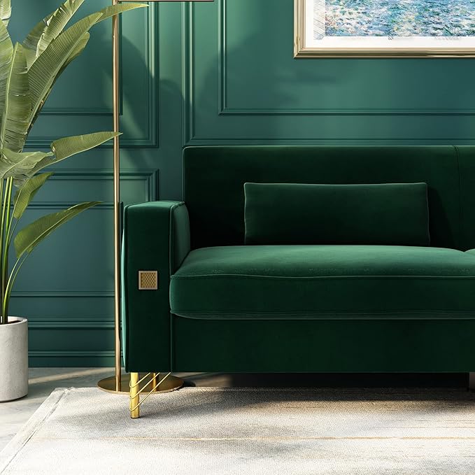 2PCS 85.63" Green Velvet Sofa,Modern Loveseat Couch with Pillows Set of 2 for Living Room,Bedroom,Apartment Furniture with Gold Metal Legs