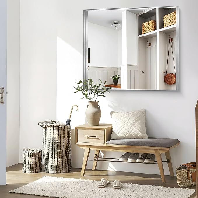 CIRCUMI Silver Bathroom Mirror, Brushed Finish, Tempered Glass, Large Mirror