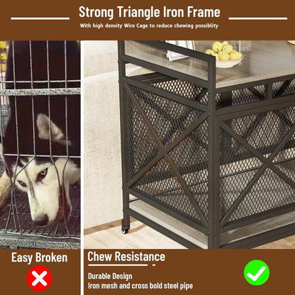 COZPAW Large Dog Crate Furniture, 48 Inch Wooden Dog Kennel for XLarge Dogs, Heavy Duty Dogs Furniture Indoor Wire Dog Cage with Caster Wheels,Decorative Pet House End Table, Textured Gray