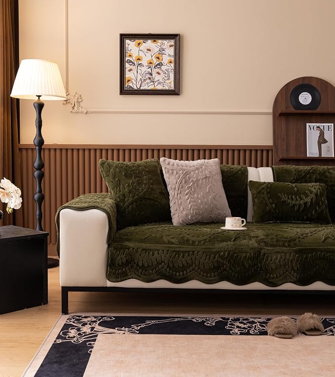 Green Fuzzy Rabbit Plush Sofa Cover Cozy Warm Sofa Couch Covers with 3D Jacquard Leaf Pattern Non-Slip Easy-to-Install Shaggy Sofa Slipcover Prefect for Kids Dogs Cats Cats(Green,36"x28")