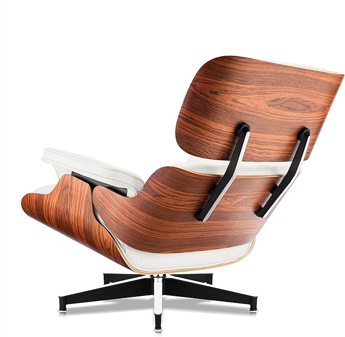 Top White Grain Leather, Mid Century Chaise Lounge Chair and Ottoman, Modern Chair Classic Design, Palisander Wood, Heavy Duty Base Support for Living Room Office