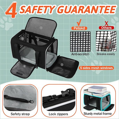 Small Pet Carrier 18"x13"x9.5" with Wheels Airline Approved, Black | for Southwest Airlines, Lockable Safety Zippers and Anti-Scratch Mesh, Pets Under 10 lbs