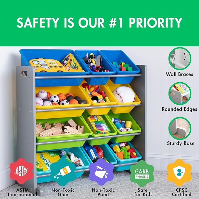 Humble Crew Kids Toy Storage Organizer with 12 Plastic Bins, Grey/Blue/Green/Yellow – Removable Bins for Playroom, Bedroom, Toddler Furniture for Boys and Girls Ages