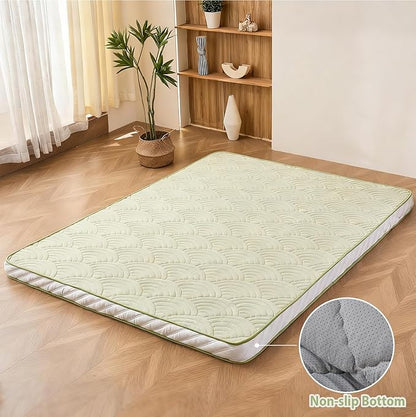 Zelladorra Japanese Floor Mattress, Quilted Futon Mattress with Anti-Slip Bottom, Foldable Floor Bed with Storage Bag and Straps, (Green, Queen)