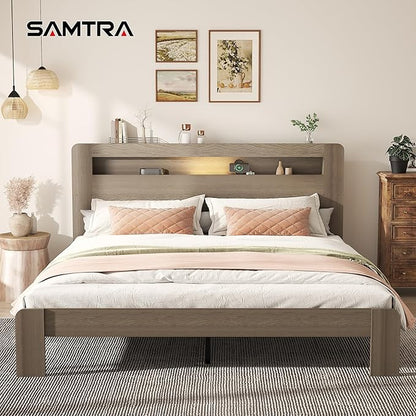 Wooden Bed Frame King Size with Storage Headboard - Farmhouse Platform Bed Frame with Bookcase Shelf & Led Lights, Sturdy Wood Slat Framework Bed Frame (Light Brown LED)