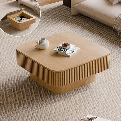 FGXJY Square Small Coffee Table with Storage, Modern Wooden Coffee Table with Solid Wood Veneered, Fluted Center Table Drum Tea Table for Living Room Apartment, 31.5''L×31.5''W×14''H