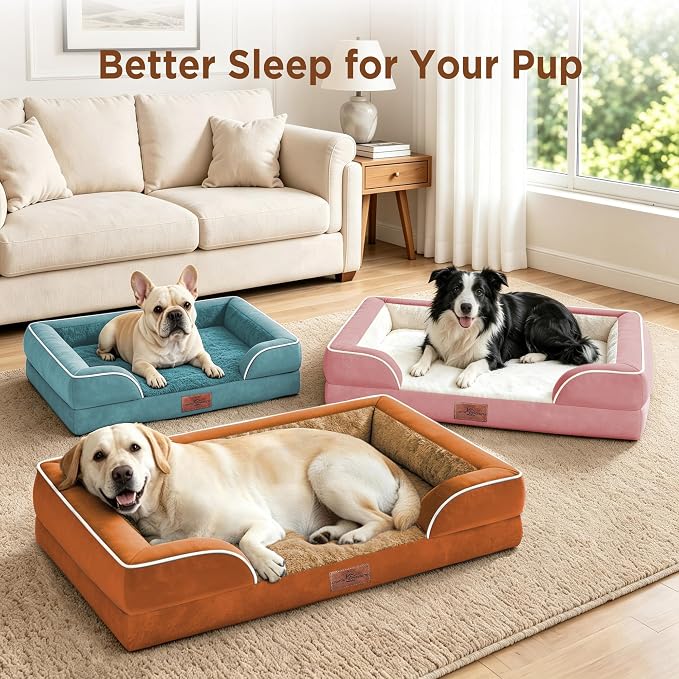 Comfort Expression Orthopedic Dog Bed for Extra Large Dogs 53x42 Inch, Waterproof Supportive Egg Crate Foam XXL Pet Bed with Removable Bolsters, Dog Couch with Washable Cover & Non-Slip Bottom, Pink | Waterproof Dog Couch Bed with Washable Cover & Non-...