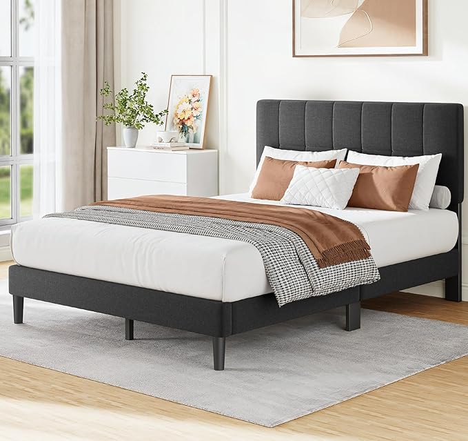 Amada Queen Platform Bed Frame with 12 Thickened Legs & Adjustable Fabric Upholstered Headboard, Solid Wooden Support 1300 Lbs Weight Capacity, No Box Spring Needed/Easy Assembly/Underbed Storage