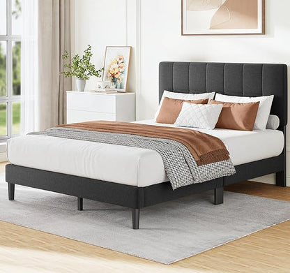 Amada Queen Platform Bed Frame with 12 Thickened Legs & Adjustable Fabric Upholstered Headboard, Solid Wooden Support 1300 Lbs Weight Capacity, No Box Spring Needed/Easy Assembly/Underbed Storage