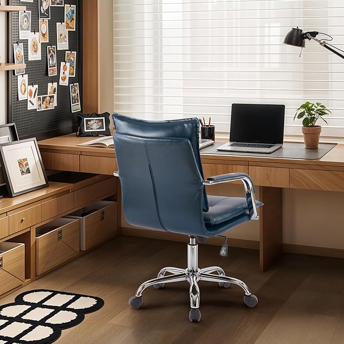 Mid-Back Ergonomic Leather Office Chair, Modern Upholstered Executive Desk Chair with Gold Frame Armrest Computer Task Chair (Dark Blue &Silver Legs)