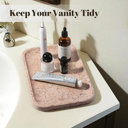 Koville Marble Tray, 12"x8" Natural Marble Vanity Tray for Countertop Bathroom Kitchen Dresser, Decorative Catchall Trays for Perfume Jewelry, Rectangular Stone Serving Tray(Pink)