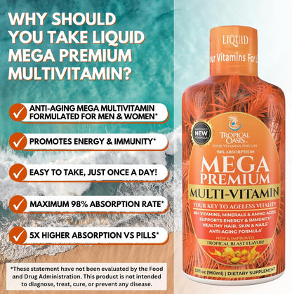 Mega Premium Liquid Multivitamin | Natural Immune Support Vitamin w/ 1333% Vitamin C, 200% D3, Zinc + 20 Vitamins, 70 Minerals, & 21 Amino Acids | Sugar Free | Orange Flavor | 98% Absorption | 32 Serv