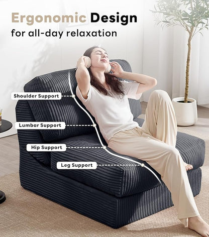 Tbfit 35.8‘’ Oversized Folding Sofa Bed, Convertible Sleeper Chair with Adjustable Back, Corduroy Folding Couch Bed, Portable & Foldable Boneless Floor Sofa for Living Room, Bedroom, Dark Grey