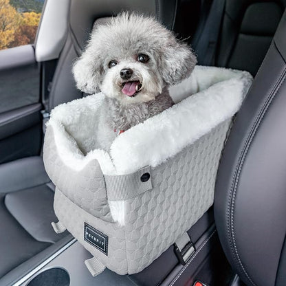 PETSFIT Small Dog Car Seat with Washable Cushion, Soft Pillow, Safety Leash | Dual Seat-rail Hooks with Adjustable Straps Help Reduce Shifting, Console Dog Car Seat for pets Under 8 lbs, Light Grey