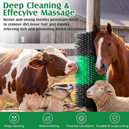 3 Pack Livestock Scratching Brush, Green and Black | Animal Scratcher, Itch Relief Grooming, Horse Goat Cow Scratcher, Fence Post Mounting, Durable Bristles, Farm Livestock Care
