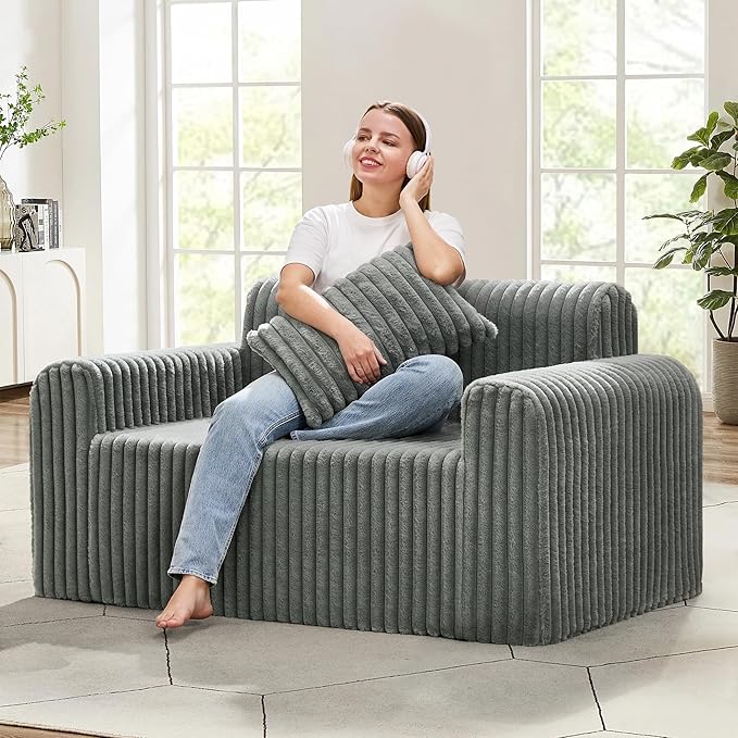 Hobestluk Couch Sofa 2-Seater Foam Sofa Loveseat for Small Spaces Comfy Sofas with Removable Cover Furry Couch with Pillows for Living Room, Bedroom, Apartment, Office (Grey, Loveseat)