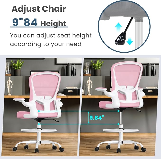 Drafting Chair, Tall Office Chair with Flip-up Armrests Executive Ergonomic Computer Standing Desk Chair, Office Drafting Chair with Lumbar Support and Adjustable Footrest Ring