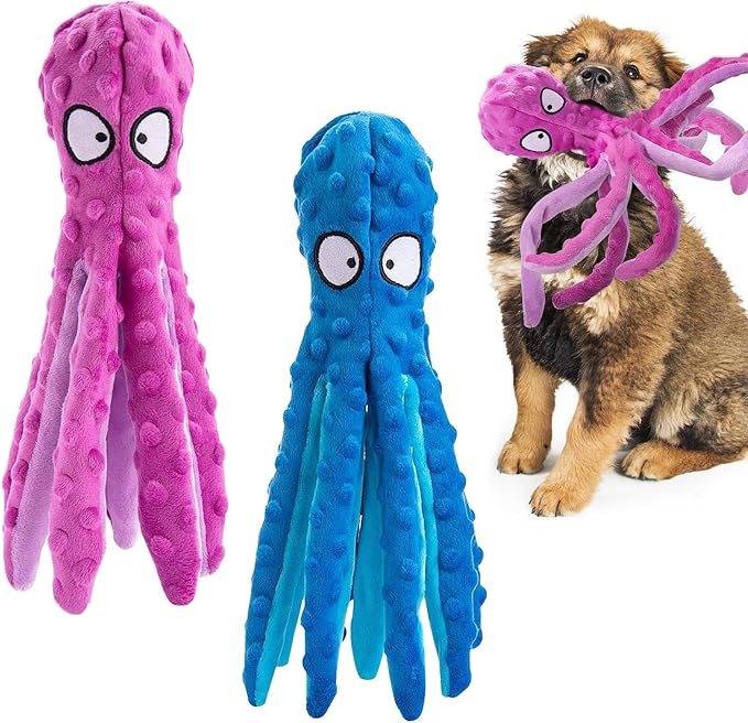Alphatool Squeaky Dog Toys - 2pcs Soft Plush Chew Crinkle Puppy Toys to Keep Them Busy, Octopus No Stuffing Interactive Essentials for Teething Small Medium Pets Dogs Gifts