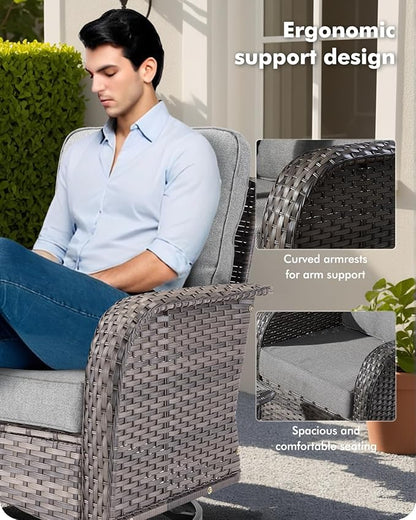 CAODOC 5 Pieces Patio Furniture Set,Outdoor Furniture with Rockers, Rattan Conversation Sets w/Coffee Table, Grey Wicker Light Dark Gray Cushion
