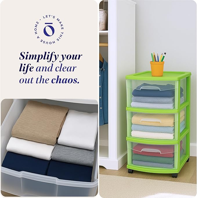 HOMZ 2-Pack Drawer Tower, 3-Tier Clear Plastic Storage Organizer Cart, Bold