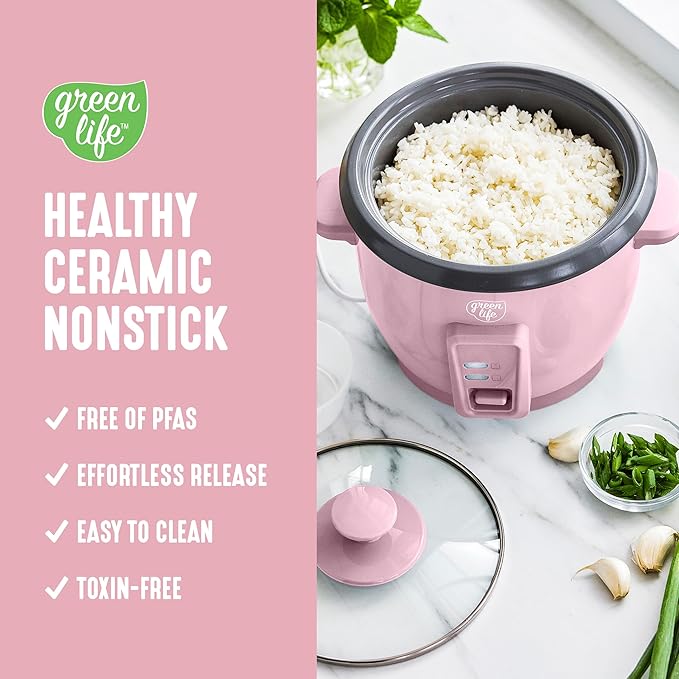 GreenLife Rice Cooker with Removable PFAS-Free Ceramic Nonstick Pot, 3-Cups
